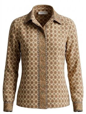 Vintage Jordan Satin Tan & Beige Patterned Button Down Long Sleeves Shirt Size 8